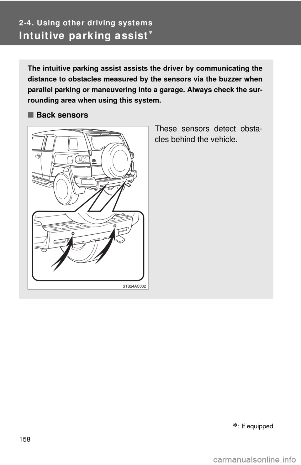 TOYOTA FJ CRUISER 2014 1.G Owners Manual 158
2-4. Using other driving systems
Intuitive parking assist
: If equipped
The intuitive parking assist assists the driver by communicating the
distance to obstacles measured by the sensors via