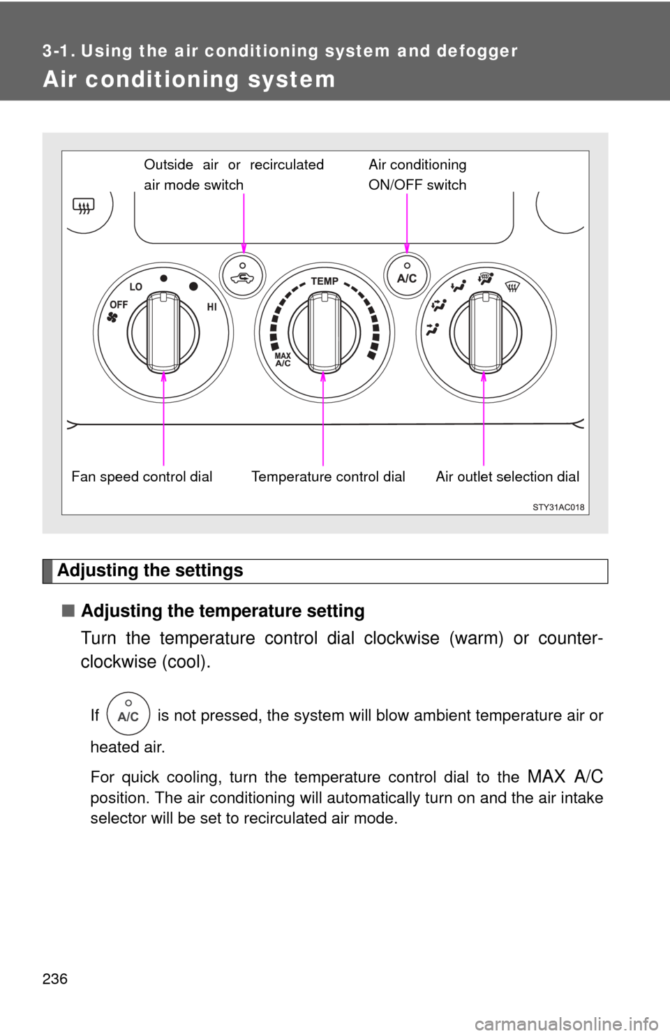 TOYOTA FJ CRUISER 2014 1.G Owners Manual 236
3-1. Using the air conditioning system and defogger
Air conditioning system
Adjusting the settings■ Adjusting the temperature setting
Turn the temperature control dial  clockwise (warm) or count
