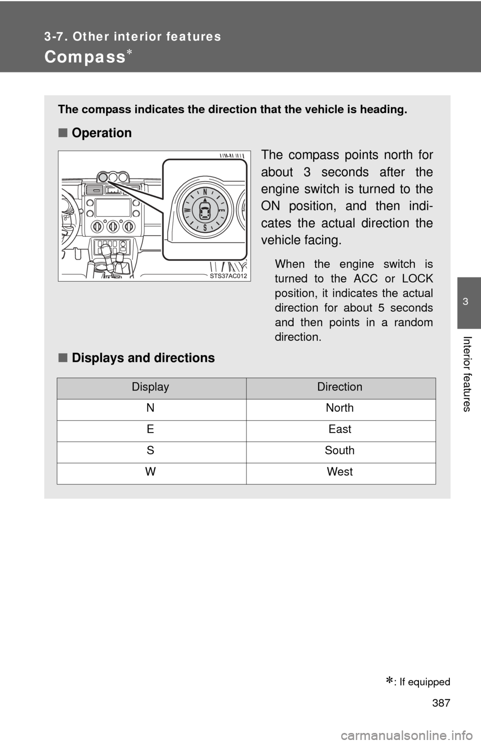 TOYOTA FJ CRUISER 2014 1.G Owners Manual 387
3-7. Other interior features
3
Interior features
Compass
: If equipped
The compass indicates the direction that the vehicle is heading.
■Operation
The compass points north for
about 3 seco