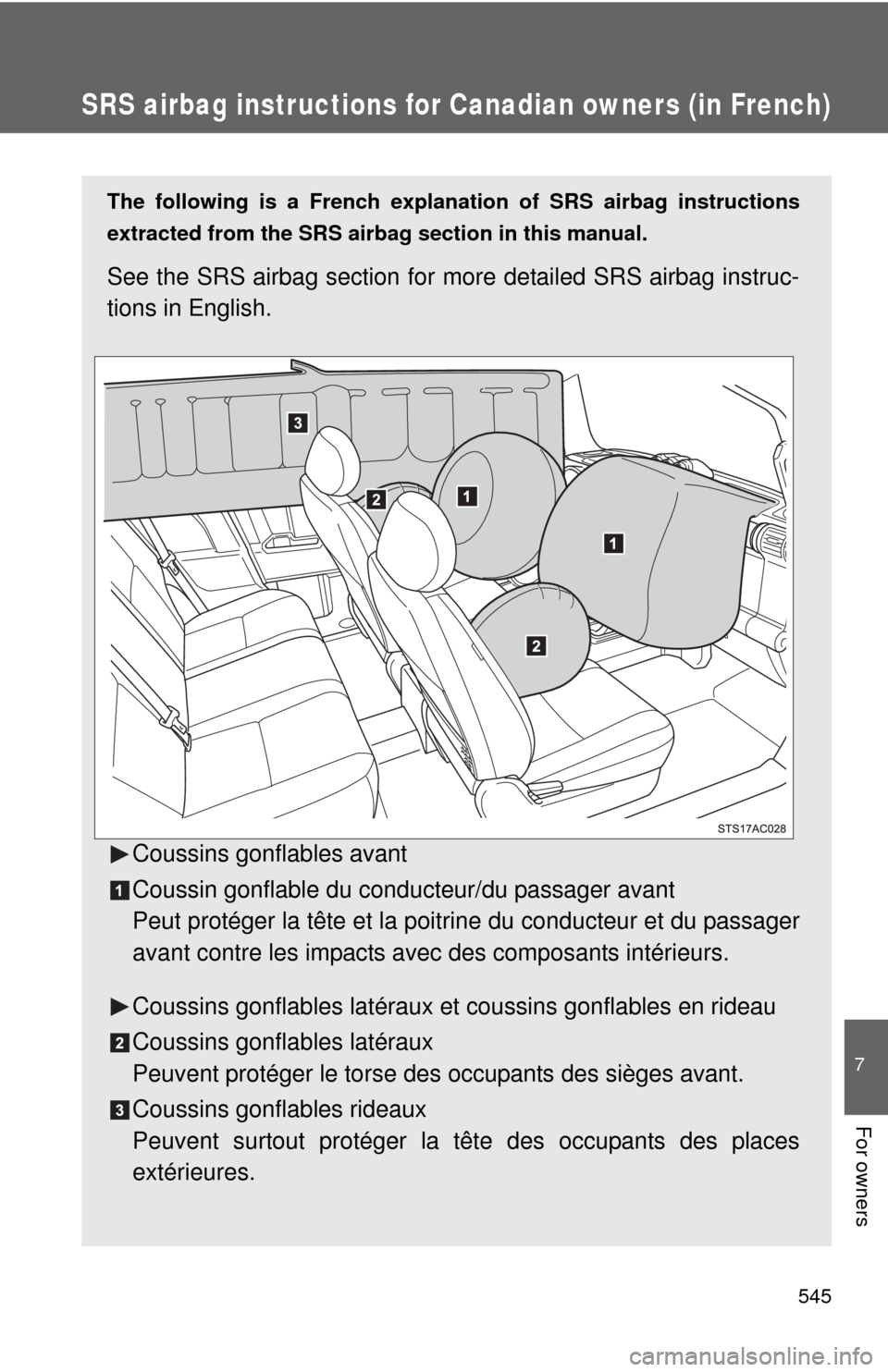 TOYOTA FJ CRUISER 2014 1.G Owners Manual 545
7
For owners
SRS airbag instructions for Canadian owners (in French)
The following is a French explanation of SRS airbag instructions
extracted from the SRS airbag section in this manual.
See the TOYOTA FJ CRUISER 2014 1.G Owners Manual 545
7
For owners
SRS airbag instructions for Canadian owners (in French)
The following is a French explanation of SRS airbag instructions
extracted from the SRS airbag section in this manual.
See the