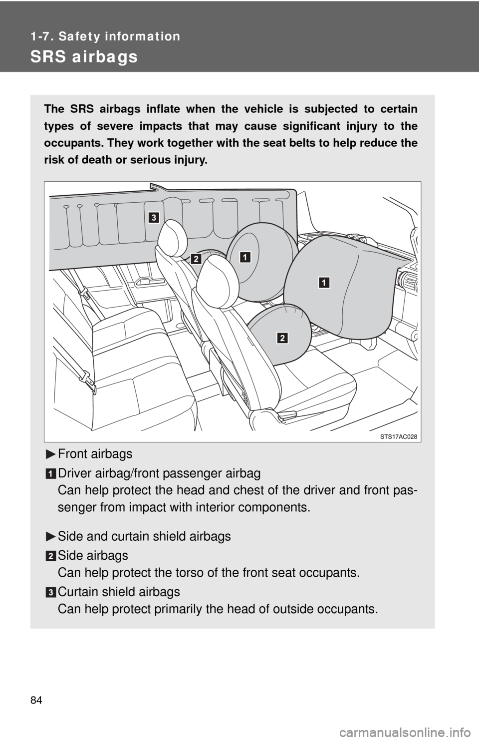 TOYOTA FJ CRUISER 2014 1.G Manual Online 84
1-7. Safety information
SRS airbags
The SRS airbags inflate when the vehicle is subjected to certain
types of severe impacts that may cause significant injury to the
occupants. They work together TOYOTA FJ CRUISER 2014 1.G Manual Online 84
1-7. Safety information
SRS airbags
The SRS airbags inflate when the vehicle is subjected to certain
types of severe impacts that may cause significant injury to the
occupants. They work together