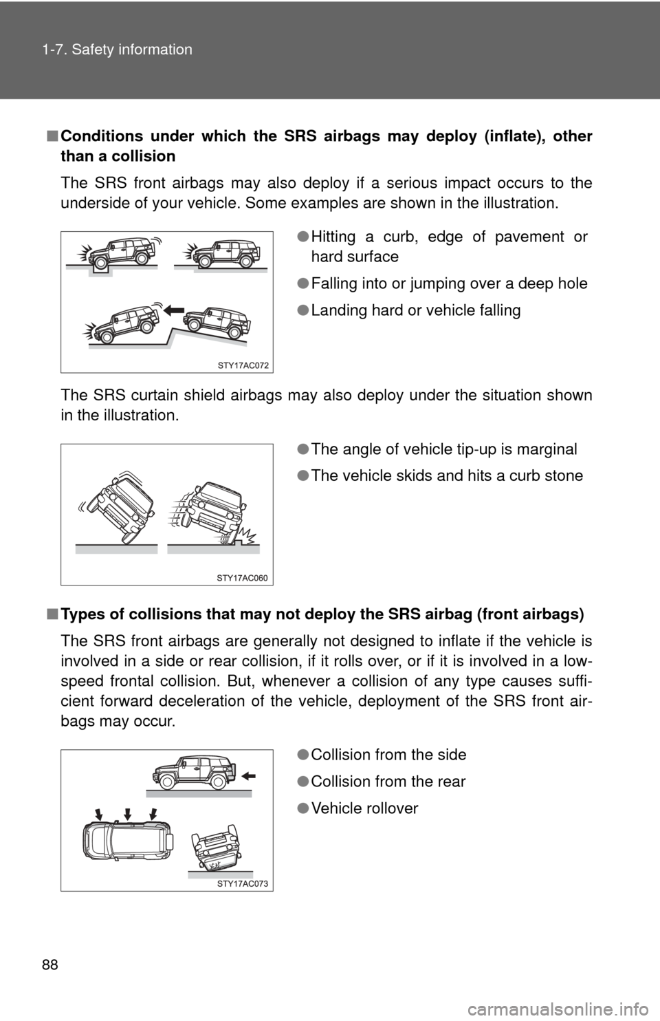 TOYOTA FJ CRUISER 2014 1.G Owners Manual 88 1-7. Safety information
■Conditions under which the SRS airbags may deploy (inflate), other
than a collision
The SRS front airbags may also deploy if a serious impact occurs to the
underside of y