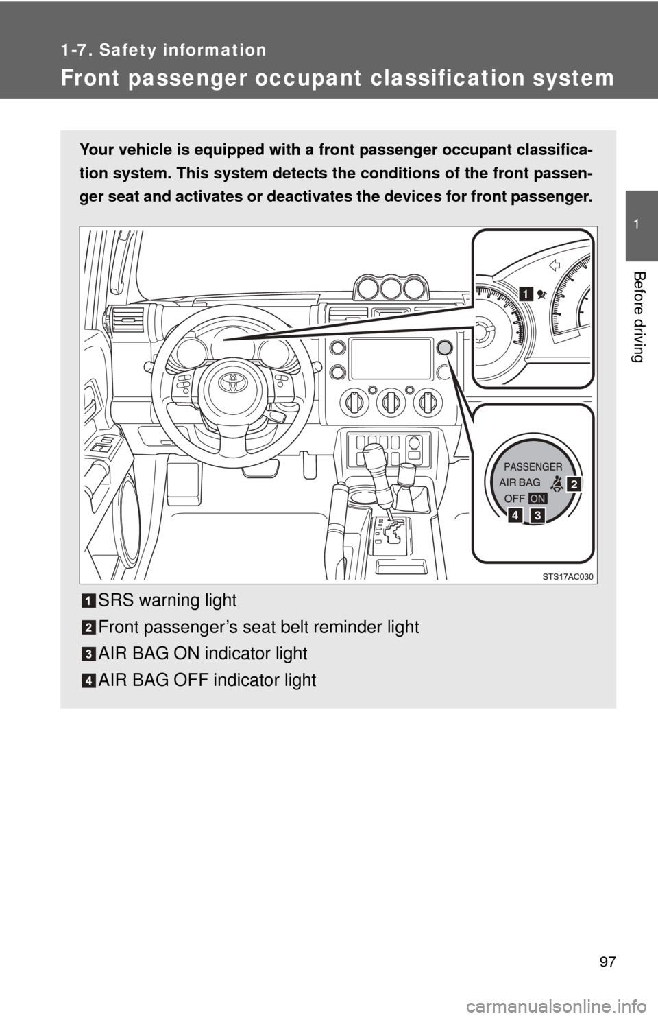TOYOTA FJ CRUISER 2014 1.G Owners Manual 97
1
1-7. Safety information
Before driving
Front passenger occupant classification system
Your vehicle is equipped with a front passenger occupant classifica-
tion system. This system detects the co TOYOTA FJ CRUISER 2014 1.G Owners Manual 97
1
1-7. Safety information
Before driving
Front passenger occupant classification system
Your vehicle is equipped with a front passenger occupant classifica-
tion system. This system detects the co