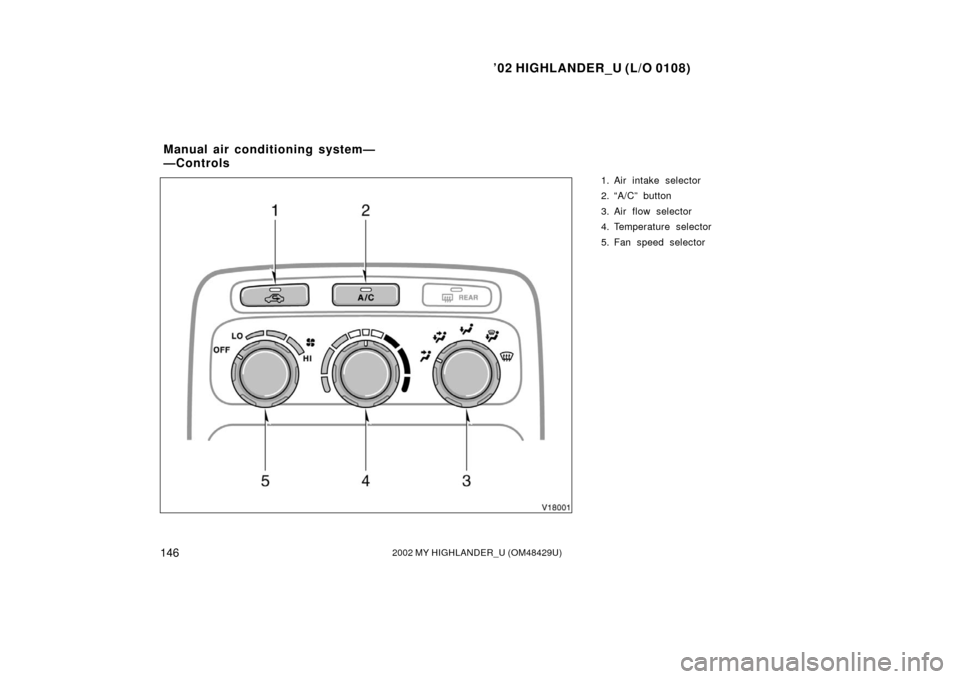 TOYOTA HIGHLANDER 2002 XU20 / 1.G Owners Manual ’02 HIGHLANDER_U (L/O 0108)
1462002 MY HIGHLANDER_U (OM48429U)
1. Air intake selector
2. “A/C” button
3. Air flow selector
4. Temperature selector
5. Fan speed selector
Manual air conditioning s