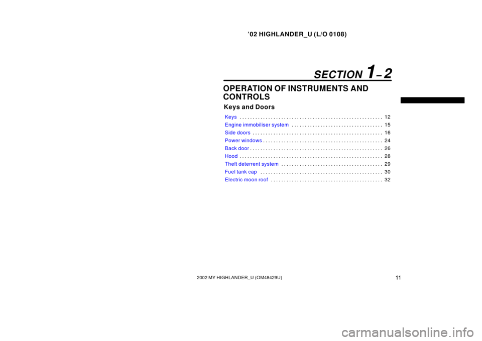 TOYOTA HIGHLANDER 2002 XU20 / 1.G User Guide ’02 HIGHLANDER_U (L/O 0108)
112002 MY HIGHLANDER_U (OM48429U)
OPERATION OF INSTRUMENTS AND
CONTROLS
Keys and Doors
Keys 12
. . . . . . . . . . . . . . . . . . . . . . . . . . . . . . . . . . . . .\
