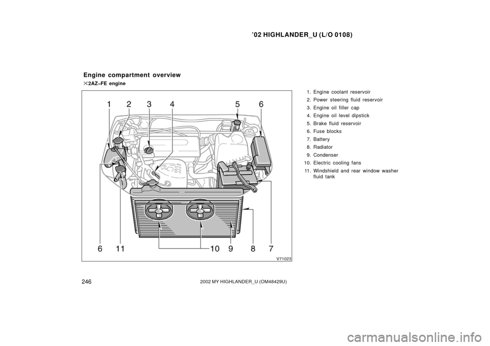 TOYOTA HIGHLANDER 2002 XU20 / 1.G Owners Manual ’02 HIGHLANDER_U (L/O 0108)
2462002 MY HIGHLANDER_U (OM48429U)
1. Engine coolant reservoir
2. Power steering fluid reservoir
3. Engine oil filler  cap
4. Engine oil level dipstick
5. Brake fluid res