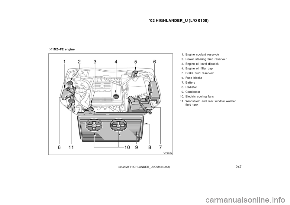 TOYOTA HIGHLANDER 2002 XU20 / 1.G Owners Manual ’02 HIGHLANDER_U (L/O 0108)
2472002 MY HIGHLANDER_U (OM48429U)
1. Engine coolant reservoir
2. Power steering fluid reservoir
3. Engine oil level dipstick
4. Engine oil filler  cap
5. Brake fluid res