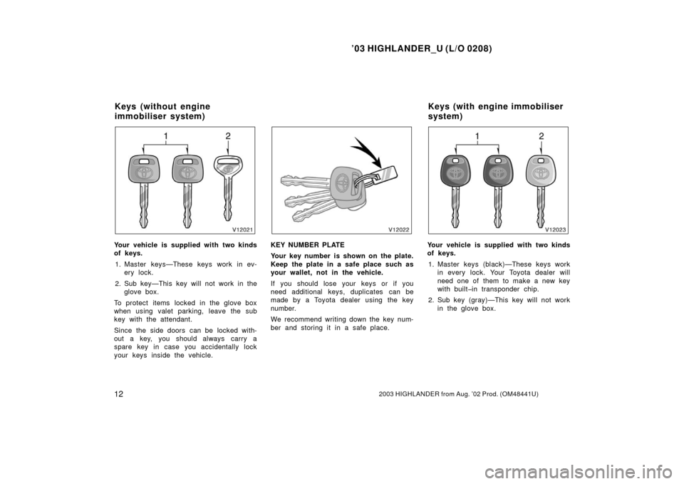 TOYOTA HIGHLANDER 2003 XU20 / 1.G User Guide ’03 HIGHLANDER_U (L/O 0208)
122003 HIGHLANDER from Aug. ’02 Prod. (OM48441U)
Your vehicle is supplied with two kinds
of keys.
1. Master keys—These keys work in ev- ery lock.
2. Sub key—This ke