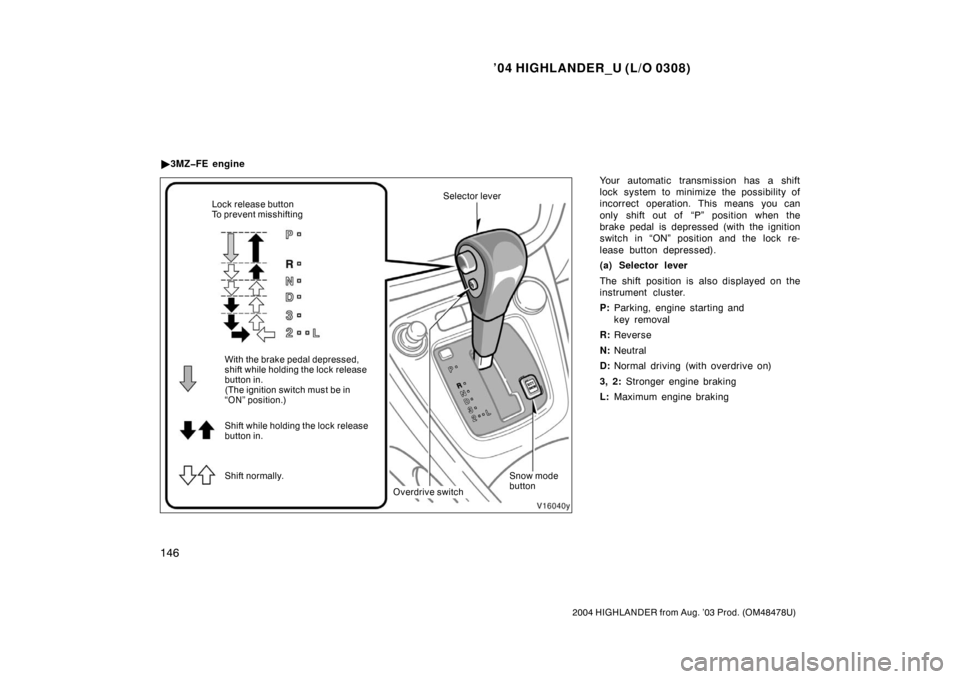 TOYOTA HIGHLANDER 2004 XU20 / 1.G Owners Manual ’04 HIGHLANDER_U (L/O 0308)
146
2004 HIGHLANDER from Aug. ’03 Prod. (OM48478U)
Your automatic transmission has a shift
lock system to minimize the possibility of
incorrect operation. This means yo
