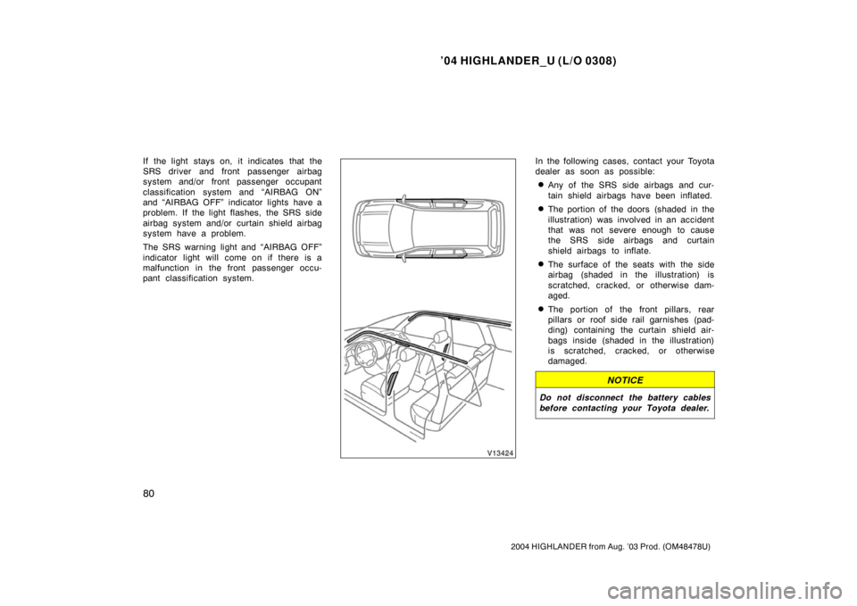 TOYOTA HIGHLANDER 2004 XU20 / 1.G Manual Online ’04 HIGHLANDER_U (L/O 0308)
80
2004 HIGHLANDER from Aug. ’03 Prod. (OM48478U)
If the light stays on, it indicates that the
SRS driver and front passenger airbag
system and/or front passenger occup