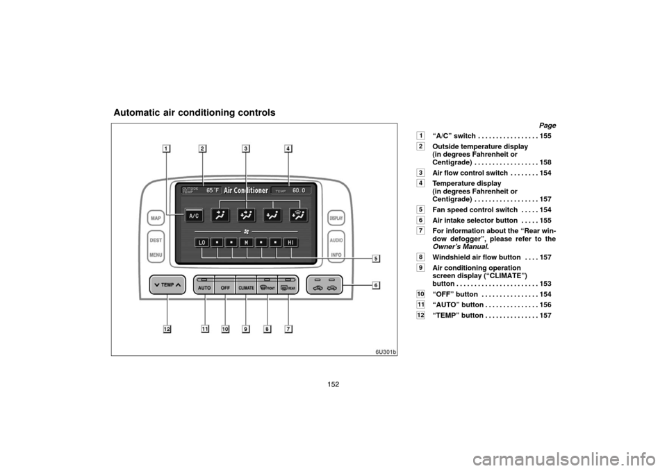 TOYOTA HIGHLANDER 2005 XU20 / 1.G Navigation Manual 152Page
1“A/C” switch 155. . . . . . . . . . . . . . . . . 
2Outside temperature display 
(in degrees Fahrenheit or 
Centigrade) 158. . . . . . . . . . . . . . . . . . 
3Air flow control switch 15