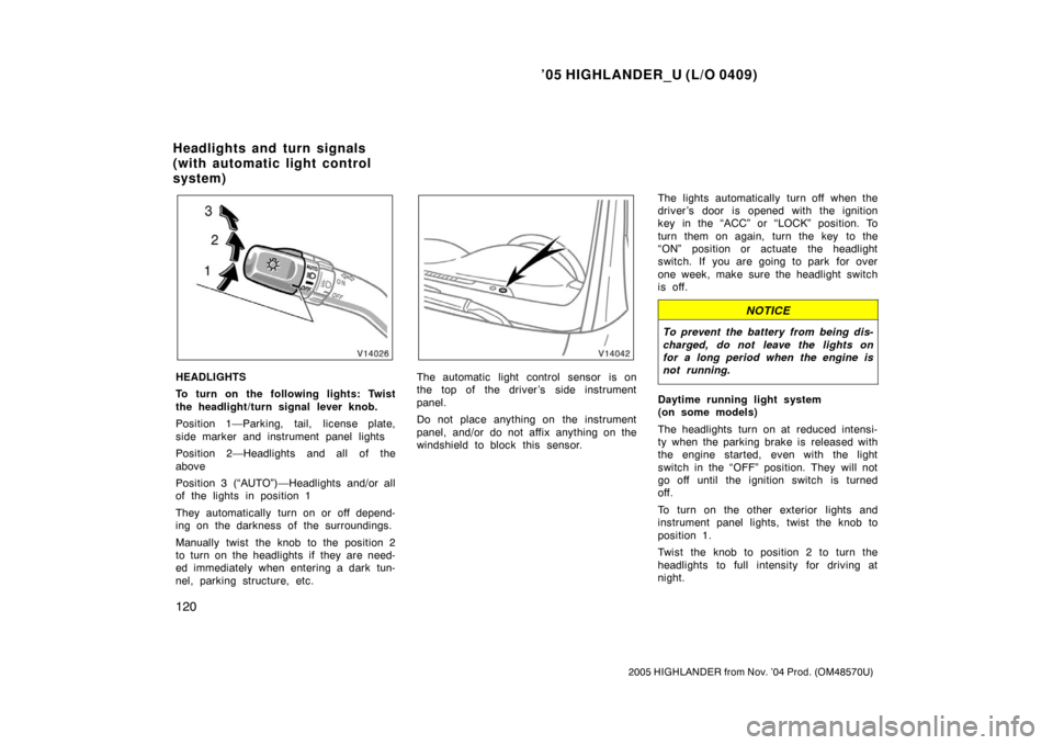 TOYOTA HIGHLANDER 2005 XU20 / 1.G Owners Manual ’05 HIGHLANDER_U (L/O 0409)
120
2005 HIGHLANDER from Nov. ’04 Prod. (OM48570U)
HEADLIGHTS
To turn on the following lights: Twist
the headlight/turn signal lever knob.
Position 1—Parking, tail, l