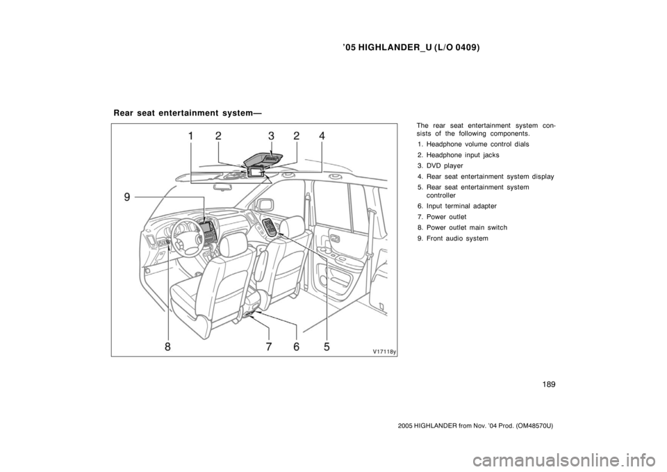 TOYOTA HIGHLANDER 2005 XU20 / 1.G Owners Manual ’05 HIGHLANDER_U (L/O 0409)
189
2005 HIGHLANDER from Nov. ’04 Prod. (OM48570U)
The rear seat entertainment system con-
sists of the following components.
1. Headphone volume control dials
2. Headp