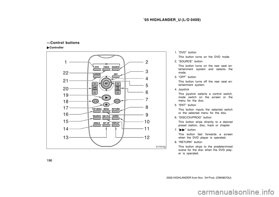 TOYOTA HIGHLANDER 2005 XU20 / 1.G Owners Manual ’05 HIGHLANDER_U (L/O 0409)
196
2005 HIGHLANDER from Nov. ’04 Prod. (OM48570U)
1. “DVD” button
This button turns on the DVD mode.
2. “SOURCE” button This button turns on the rear seat en-

