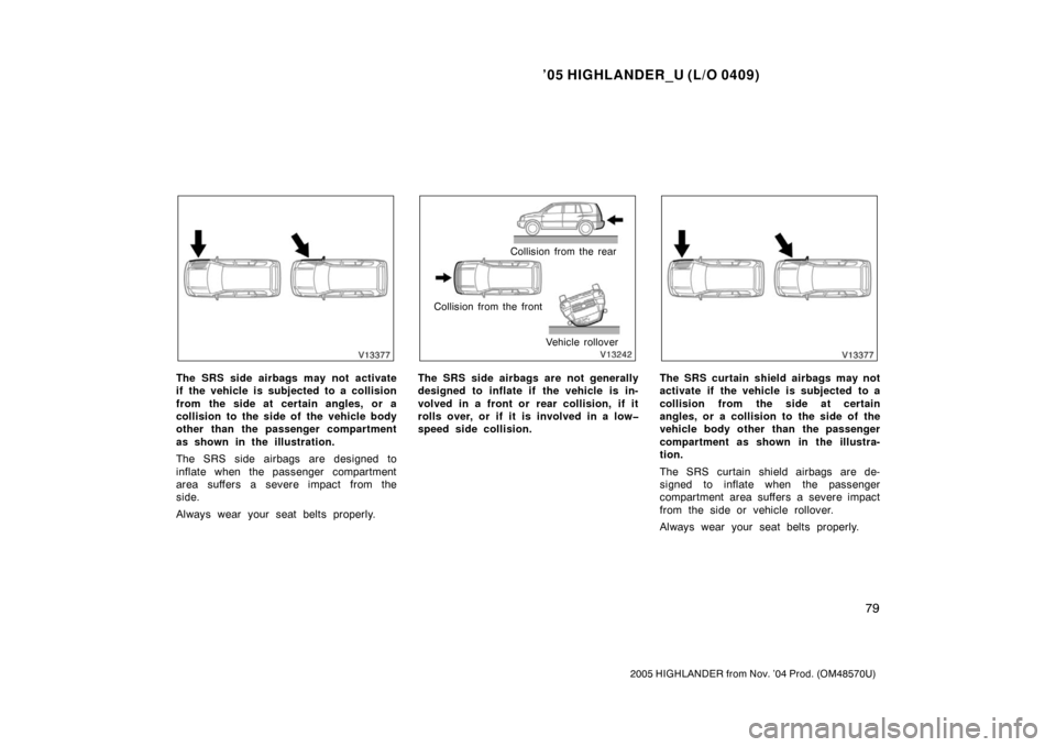 TOYOTA HIGHLANDER 2005 XU20 / 1.G Manual Online ’05 HIGHLANDER_U (L/O 0409)
79
2005 HIGHLANDER from Nov. ’04 Prod. (OM48570U)
The SRS side airbags may not activate
if the vehicle is subjected to a collision
from the side at certain angles, or a