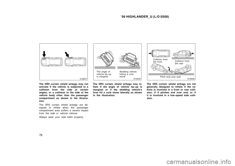 TOYOTA HIGHLANDER 2006 XU20 / 1.G Manual Online ’06 HIGHLANDER_U (L/O 0508)
78
The SRS curtain shield airbags may not
activate if the vehicle is subjected to a
collision from the side at certain
angles, or a collision to the side of the
vehicle b