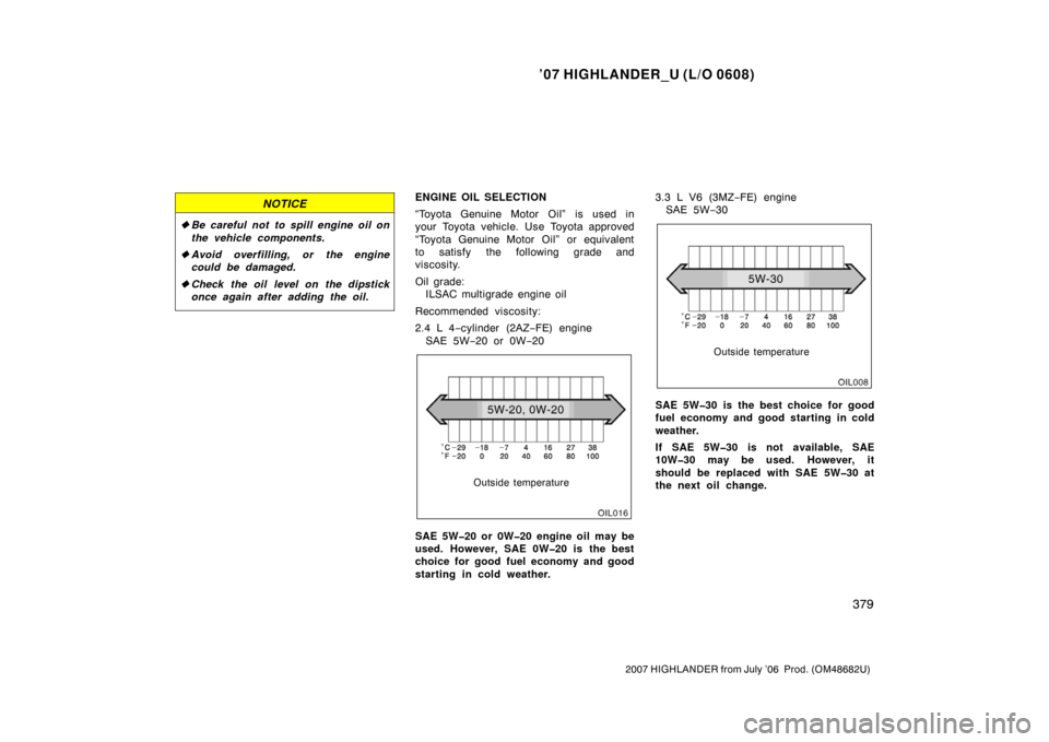 TOYOTA HIGHLANDER 2007 XU40 / 2.G Owners Guide ’07 HIGHLANDER_U (L/O 0608)
379
2007 HIGHLANDER from July ’06  Prod. (OM48682U)
NOTICE
Be careful not  to spill engine oil on
the vehicle components.
 Avoid overfilling, or the engine
could be d