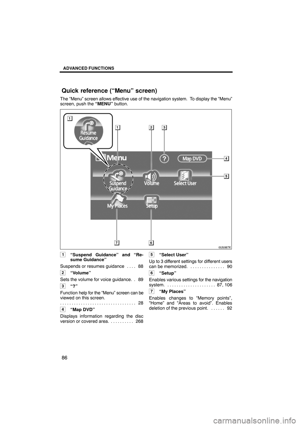 TOYOTA HIGHLANDER 2008 XU40 / 2.G Navigation Manual ADVANCED FUNCTIONS
86
The “Menu” screen allows effective use of the navigation system.  To display the “Menu”
screen, push the “MENU” button.
1“Suspend Guidance” and “Re-
sume Guidan