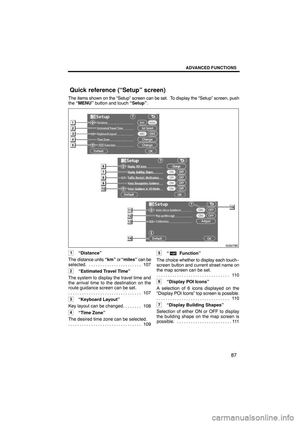 TOYOTA HIGHLANDER 2008 XU40 / 2.G Navigation Manual ADVANCED FUNCTIONS
87
The items shown on the “Setup” screen can be set.  To display the “Setup” screen, push
the “MENU” button and touch “Setup”.
1“Distance”
The distance units “