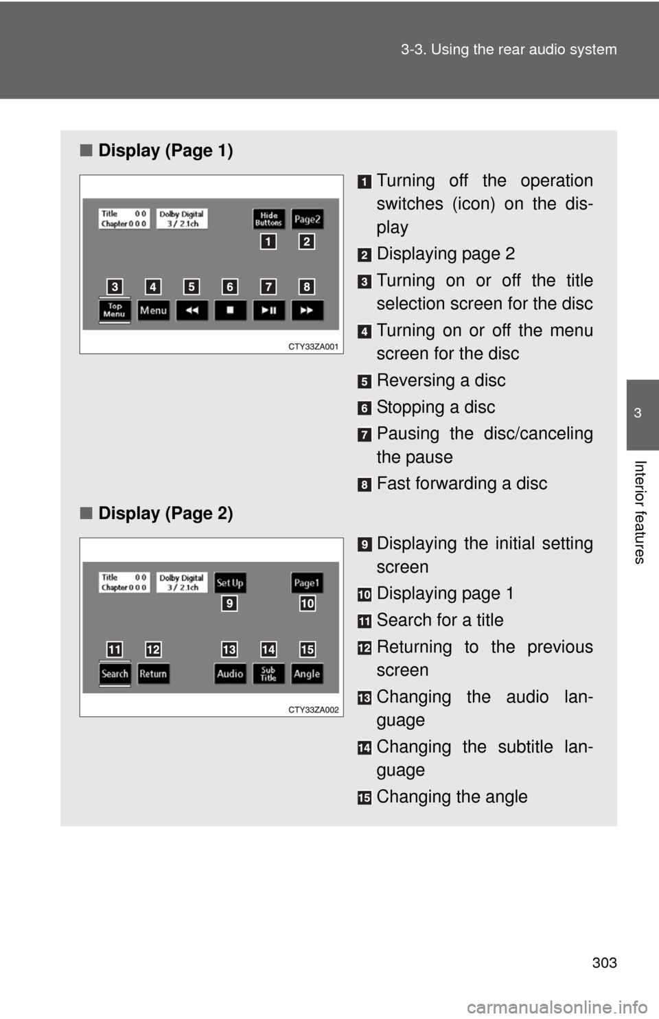 TOYOTA HIGHLANDER 2008 XU40 / 2.G Owners Manual 303
3-3. Using the rear audio system
3
Interior features
■
Display (Page 1)
Turning off the operation
switches (icon) on the dis-
play
Displaying page 2
Turning on or off the title
selection screen 