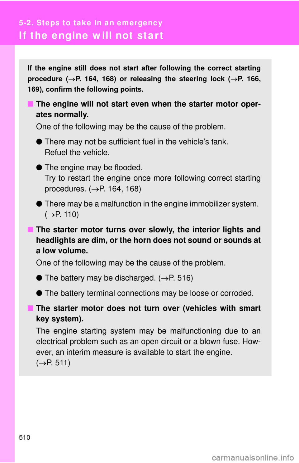 TOYOTA HIGHLANDER 2008 XU40 / 2.G Owners Manual 510
5-2. Steps to take in an emergency
If the engine will not star t
If the engine still does not start after following the correct starting
procedure (P. 164, 168) or releasing the steering lock (