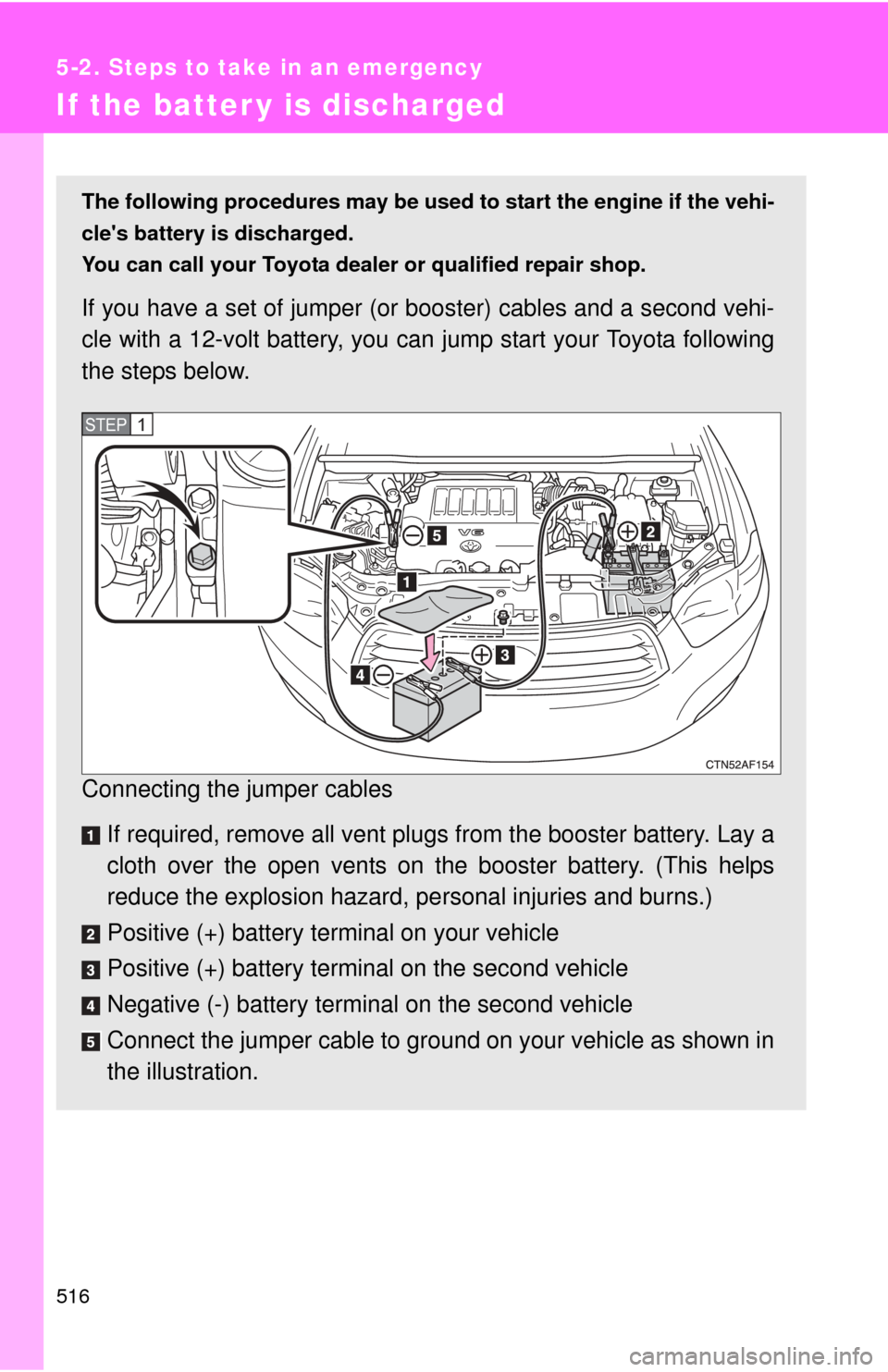 TOYOTA HIGHLANDER 2008 XU40 / 2.G Owners Manual 516
5-2. Steps to take in an emergency
If the batter y is discharged
The following procedures may be used to start the engine if the vehi-
cles battery is discharged.
You can call your Toyota dealer 
