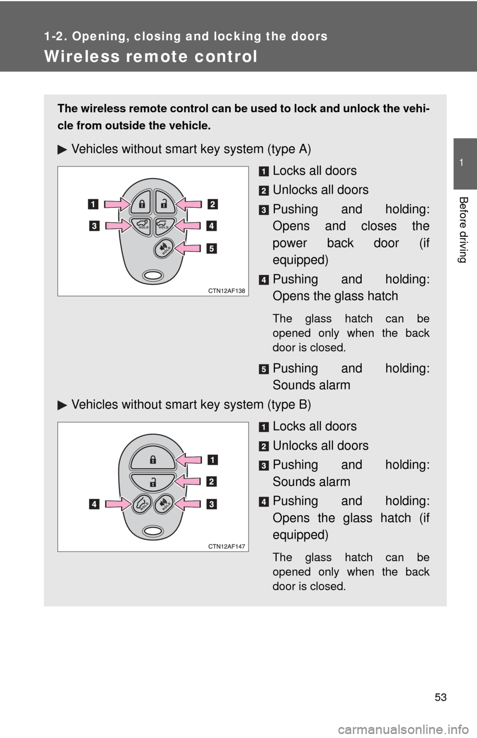 TOYOTA HIGHLANDER 2008 XU40 / 2.G Workshop Manual 53
1
1-2. Opening, closing and locking the doors
Before driving
Wireless remote control
The wireless remote control can be used to lock and unlock the vehi-
cle from outside the vehicle.
Vehicles with TOYOTA HIGHLANDER 2008 XU40 / 2.G Workshop Manual 53
1
1-2. Opening, closing and locking the doors
Before driving
Wireless remote control
The wireless remote control can be used to lock and unlock the vehi-
cle from outside the vehicle.
Vehicles with