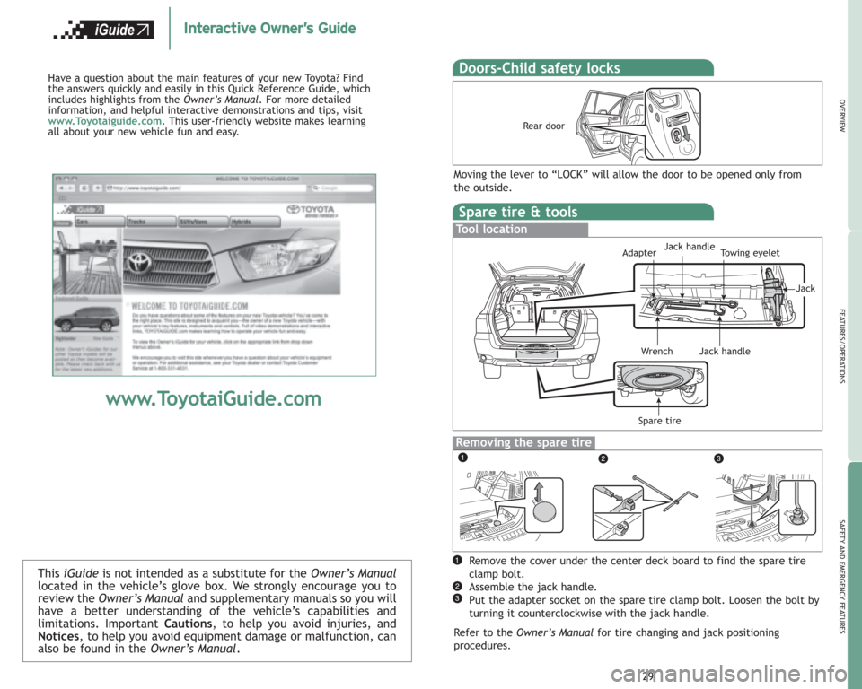 TOYOTA HIGHLANDER 2008 XU40 / 2.G Quick Reference Guide 29
Spare tire & tools
Tool location
Removing the spare tire
Remove the cover under the center deck board to find the spare tire
clamp bolt.
Assemble the jack handle.
Put the adapter socket on the spar TOYOTA HIGHLANDER 2008 XU40 / 2.G Quick Reference Guide 29
Spare tire & tools
Tool location
Removing the spare tire
Remove the cover under the center deck board to find the spare tire
clamp bolt.
Assemble the jack handle.
Put the adapter socket on the spar