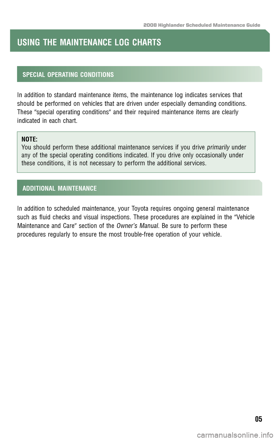 TOYOTA HIGHLANDER 2008 XU40 / 2.G Scheduled Maintenance Guide 2008 Highlander Scheduled Maintenance Guide
SPECIAL OPERATING CONDITIONS 
In addition to standard maintenance items, the maintenance log indicates services that 
should be performed on vehicles that 