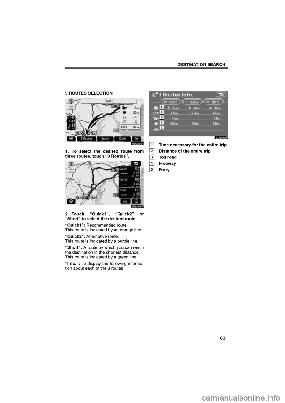 TOYOTA HIGHLANDER 2009 XU40 / 2.G Navigation Manual DESTINATION SEARCH
63
3 ROUTES SELECTION
1. To select the desired route from
three routes, touch “3 Routes”.
2. Touch “Quick1”, “Quick2” or
“Short” to select the desired route.
“Quic