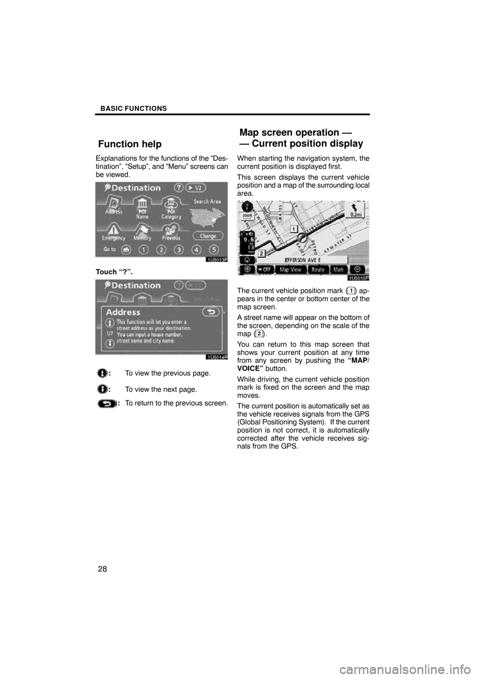 TOYOTA HIGHLANDER 2009 XU40 / 2.G Navigation Manual BASIC FUNCTIONS
28
Explanations for the functions of the “Des-
tination”,  “Setup”, and “Menu” screens can
be viewed.
Touch “?”.
: To view the previous page.
:To view the next page.
:T