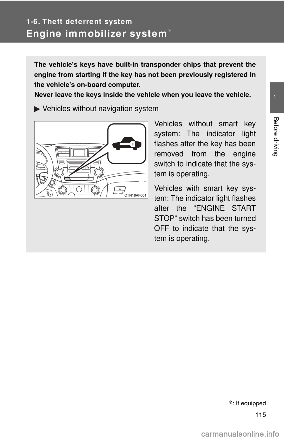 TOYOTA HIGHLANDER 2009 XU40 / 2.G User Guide 115
1
Before driving
1-6. Theft deterrent system
Engine immobilizer system∗
The vehicles keys have built-in transponder chips that prevent the
engine from starting if the key has not been previous TOYOTA HIGHLANDER 2009 XU40 / 2.G User Guide 115
1
Before driving
1-6. Theft deterrent system
Engine immobilizer system∗
The vehicles keys have built-in transponder chips that prevent the
engine from starting if the key has not been previous