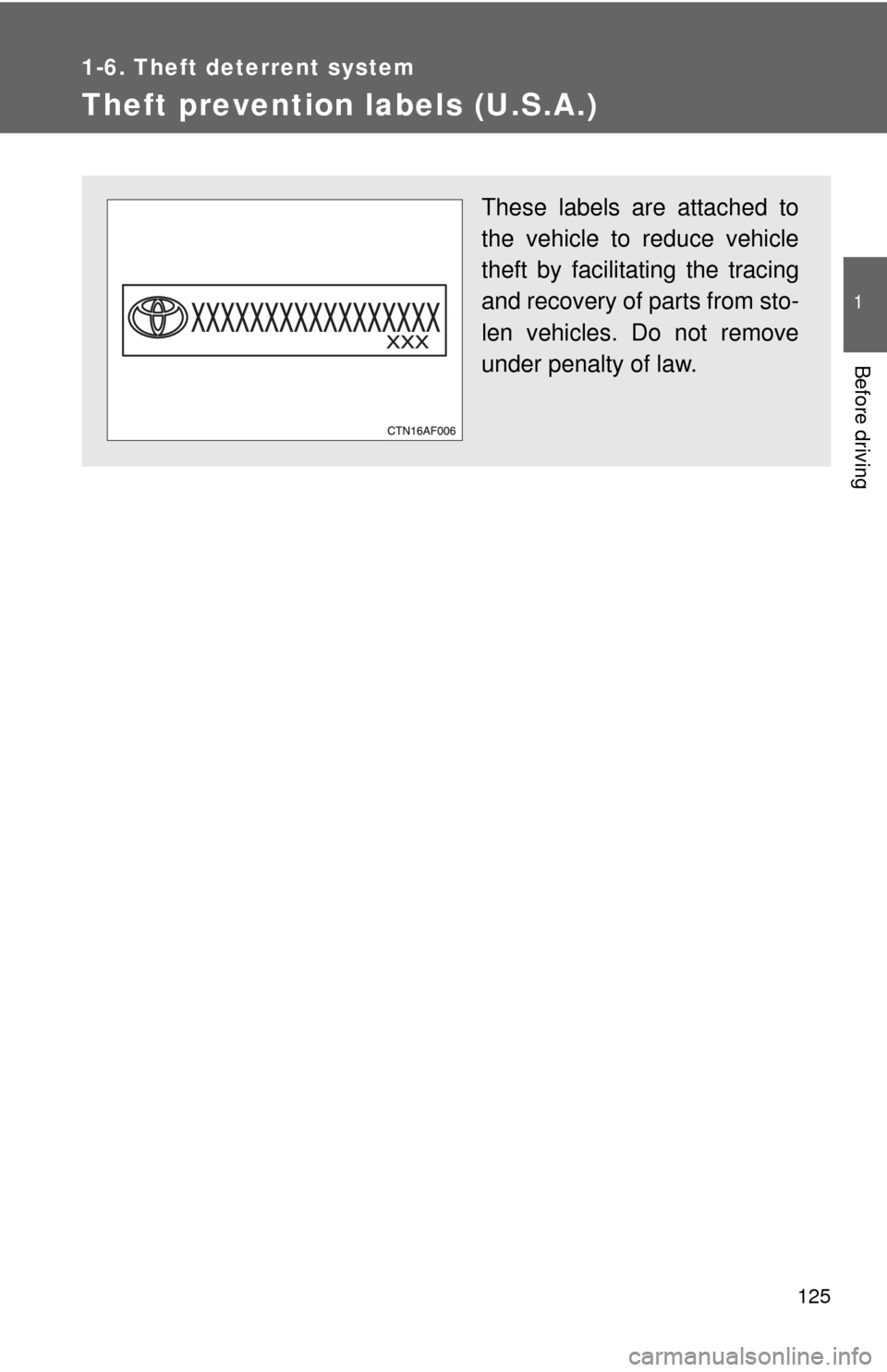 TOYOTA HIGHLANDER 2009 XU40 / 2.G Owners Manual 125
1
1-6. Theft deterrent system
Before driving
Theft prevention labels (U.S.A.)
These labels are attached to
the vehicle to reduce vehicle
theft by facilitating the tracing
and recovery of parts fro
