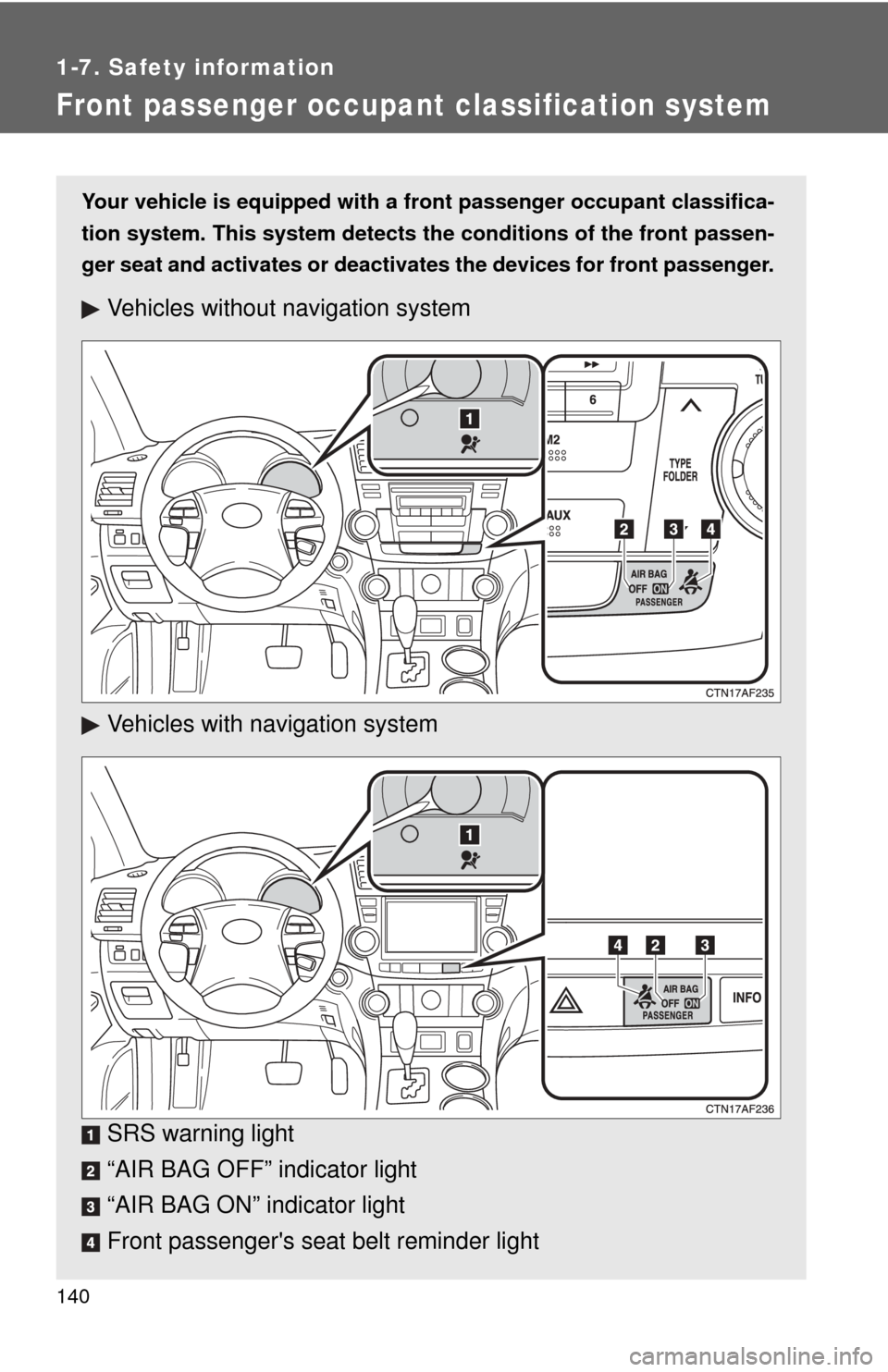 TOYOTA HIGHLANDER 2009 XU40 / 2.G Owners Manual 140
1-7. Safety information
Front passenger occupant classification system
Your vehicle is equipped with a front passenger occupant classifica-
tion system. This system detects the conditions of the f TOYOTA HIGHLANDER 2009 XU40 / 2.G Owners Manual 140
1-7. Safety information
Front passenger occupant classification system
Your vehicle is equipped with a front passenger occupant classifica-
tion system. This system detects the conditions of the f