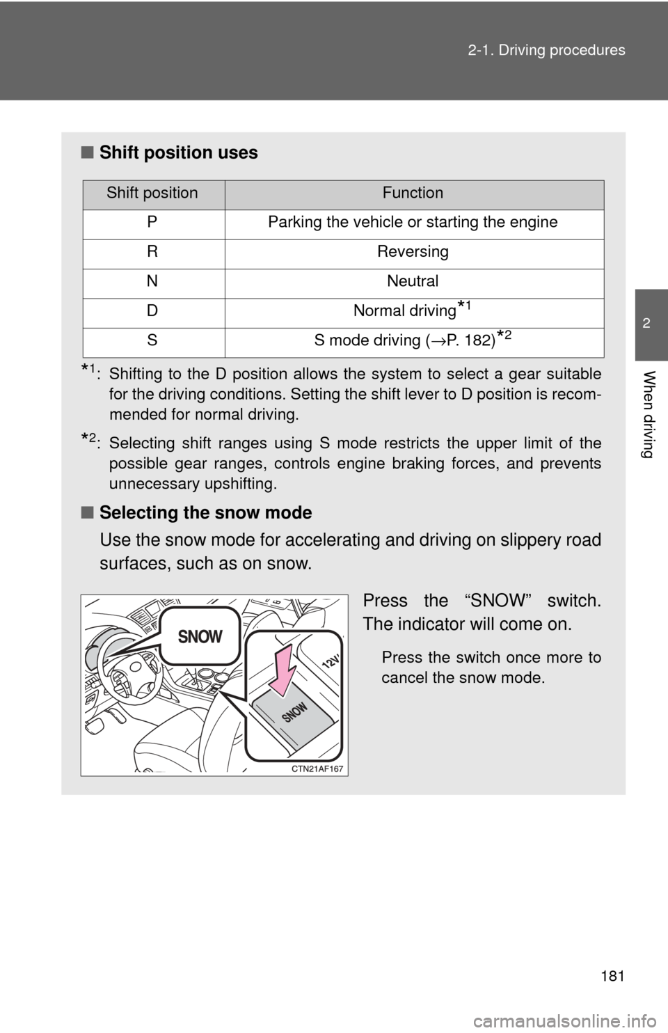 TOYOTA HIGHLANDER 2009 XU40 / 2.G Owners Manual 181
2-1. Driving procedures
2
When driving
■
Shift position uses
*1: Shifting to the D position allows the system to select a gear suitable
for the driving conditions. Setting the shift lever to D p