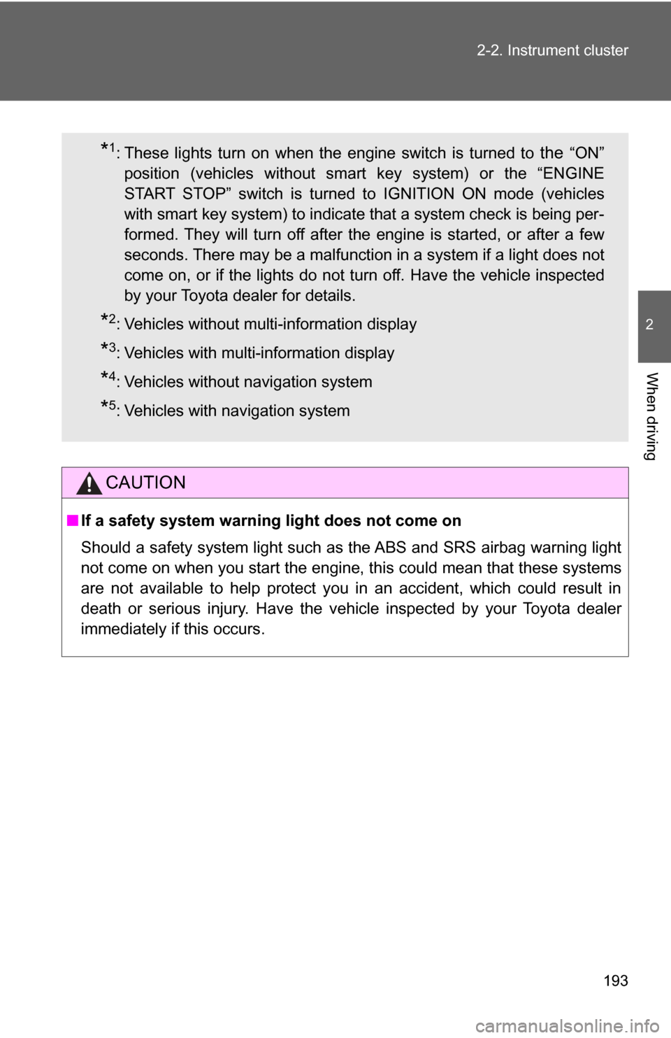 TOYOTA HIGHLANDER 2009 XU40 / 2.G Owners Manual 193
2-2. Instrument cluster
2
When driving
CAUTION
■
If a safety system warning light does not come on
Should a safety system light such as the ABS and SRS airbag warning light
not come on when you 