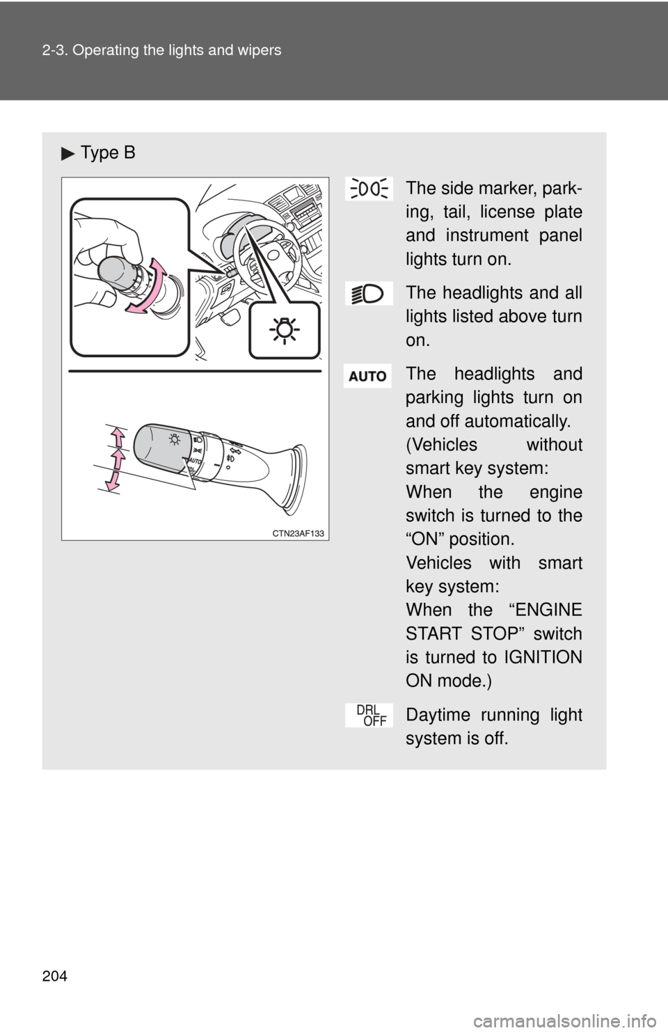 TOYOTA HIGHLANDER 2009 XU40 / 2.G Owners Guide 204 2-3. Operating the lights and wipers
Ty p e BThe side marker, park-
ing, tail, license plate
and instrument panel
lights turn on.
The headlights and all
lights listed above turn
on.
The headlight TOYOTA HIGHLANDER 2009 XU40 / 2.G Owners Guide 204 2-3. Operating the lights and wipers
Ty p e BThe side marker, park-
ing, tail, license plate
and instrument panel
lights turn on.
The headlights and all
lights listed above turn
on.
The headlight