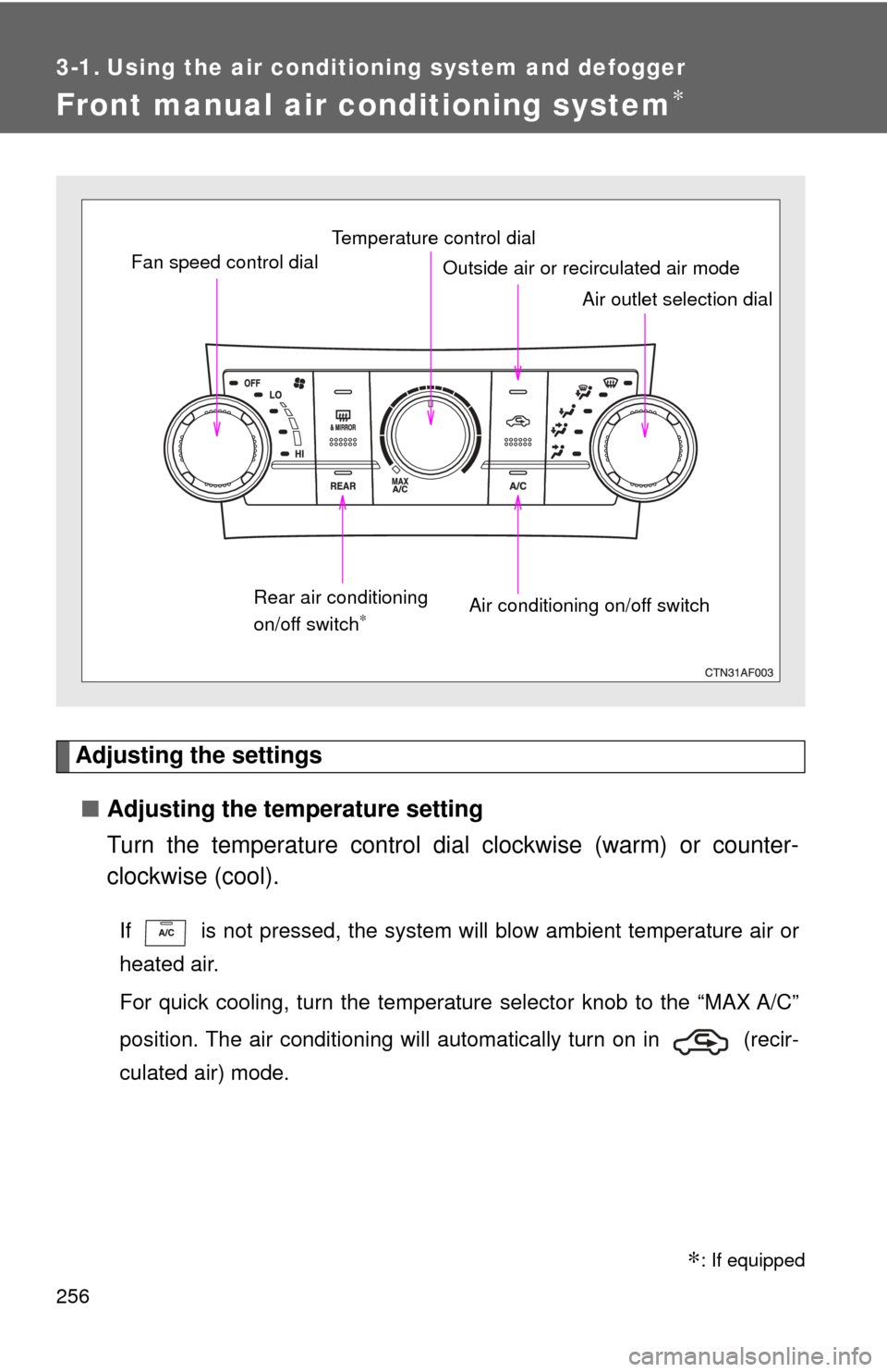 TOYOTA HIGHLANDER 2009 XU40 / 2.G Owners Manual 256
3-1. Using the air conditioning system and defogger
Front manual air conditioning system∗
Adjusting the settings■ Adjusting the temperature setting
Turn the temperature control dial  clockwise