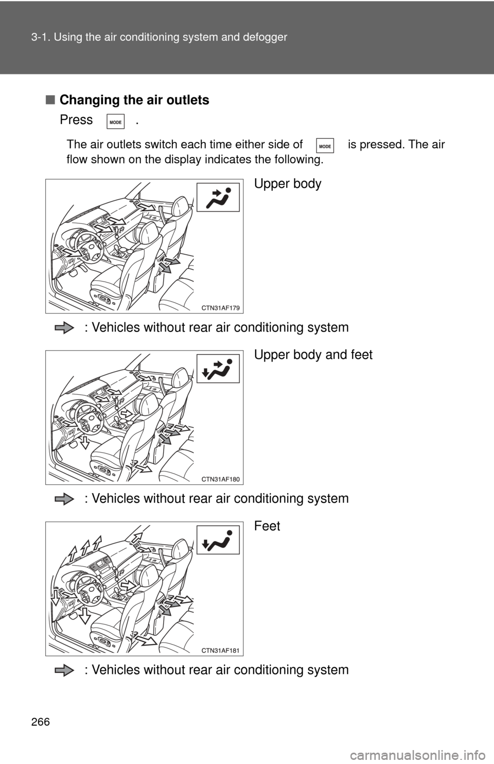 TOYOTA HIGHLANDER 2009 XU40 / 2.G Owners Manual 266 3-1. Using the air conditioning system and defogger
■Changing the air outlets
Press .
The air outlets switch each time either side of   is pressed. The air
flow shown on the display indicates th