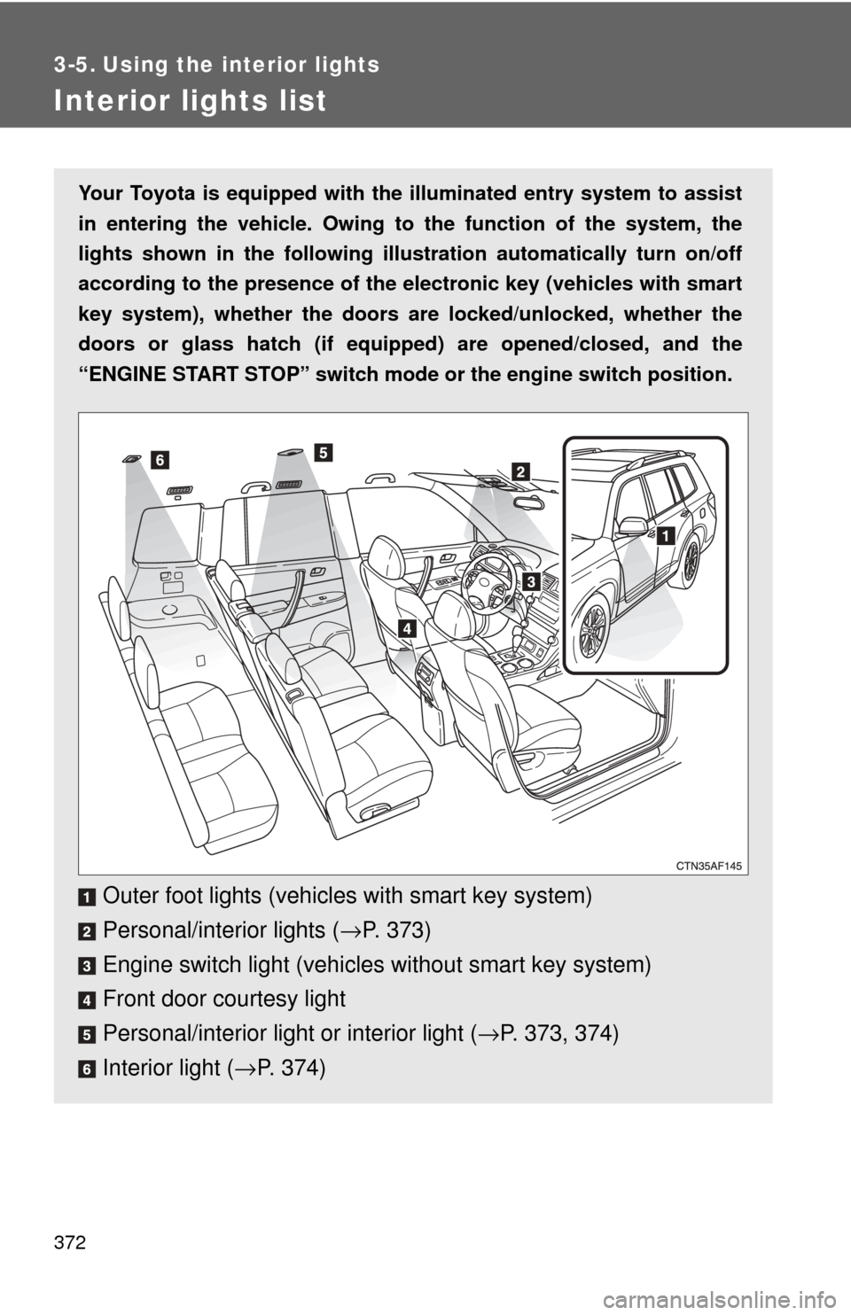 TOYOTA HIGHLANDER 2009 XU40 / 2.G Service Manual 372
3-5. Using the interior lights
Interior lights list
Your Toyota is equipped with the illuminated entry system to assist
in entering the vehicle. Owing to the function of the system, the
lights sh TOYOTA HIGHLANDER 2009 XU40 / 2.G Service Manual 372
3-5. Using the interior lights
Interior lights list
Your Toyota is equipped with the illuminated entry system to assist
in entering the vehicle. Owing to the function of the system, the
lights sh