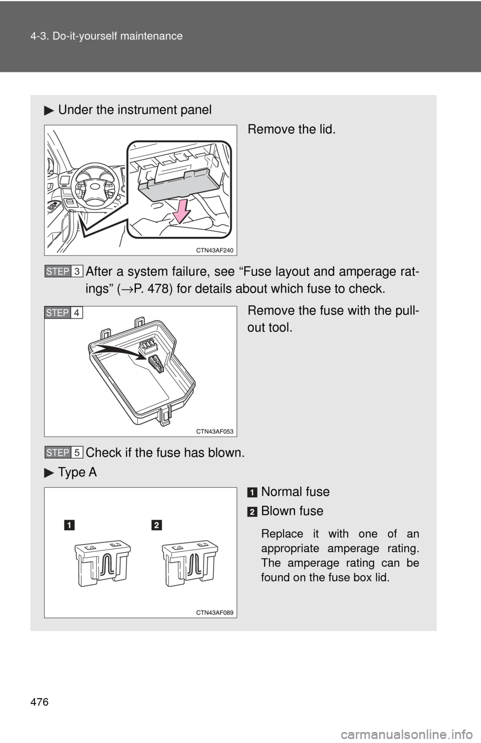 TOYOTA HIGHLANDER 2009 XU40 / 2.G Owners Manual 476 4-3. Do-it-yourself maintenance
Under the instrument panelRemove the lid.
After a system failure, see “Fuse layout and amperage rat-
ings” ( →P. 478) for details about which fuse to check.
R
