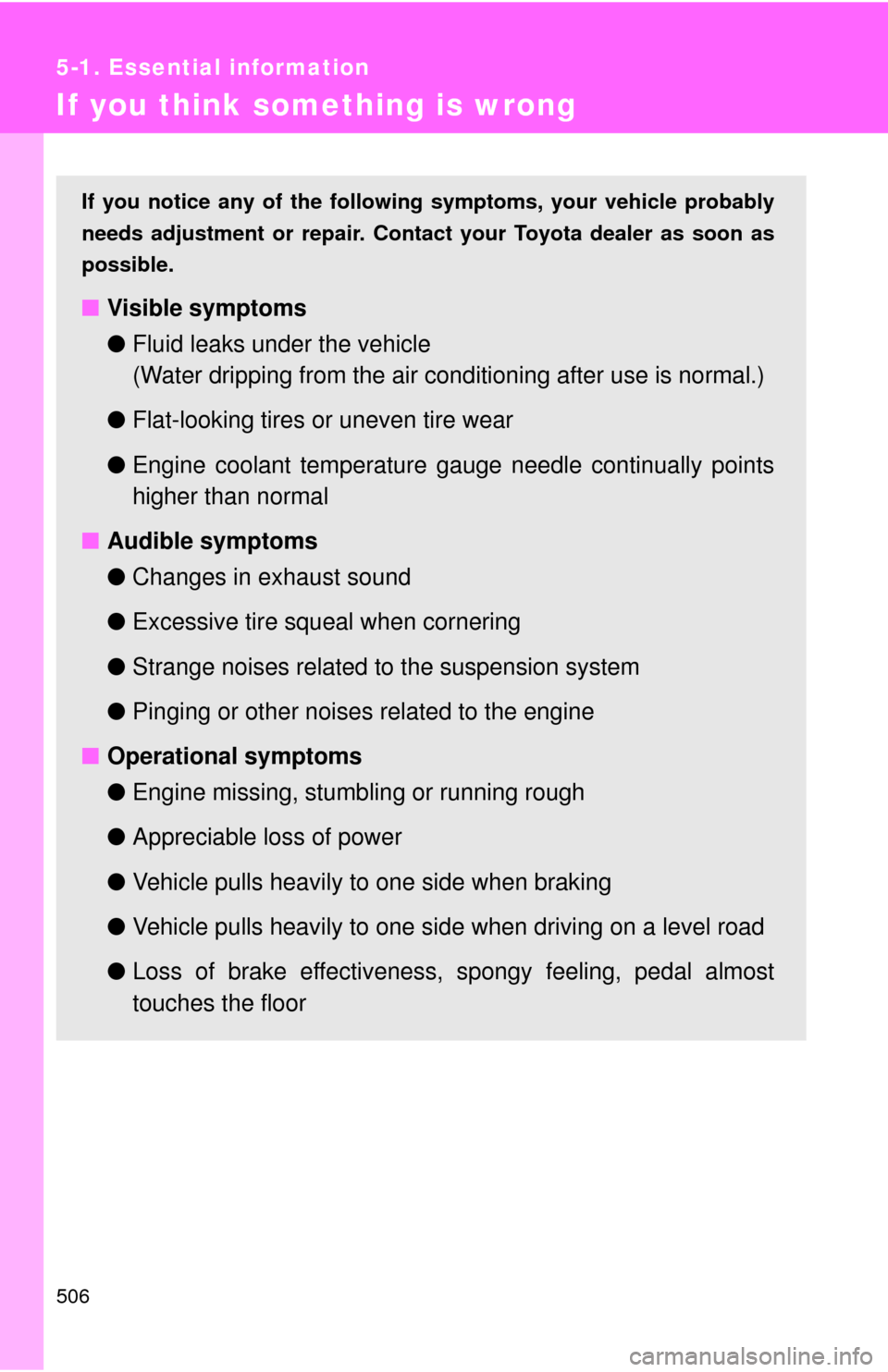 TOYOTA HIGHLANDER 2009 XU40 / 2.G Owners Manual 506
5-1. Essential information
If you think something is wrong
If you notice any of the following symptoms, your vehicle probably
needs adjustment or repair. Contact your Toyota dealer as soon as
poss