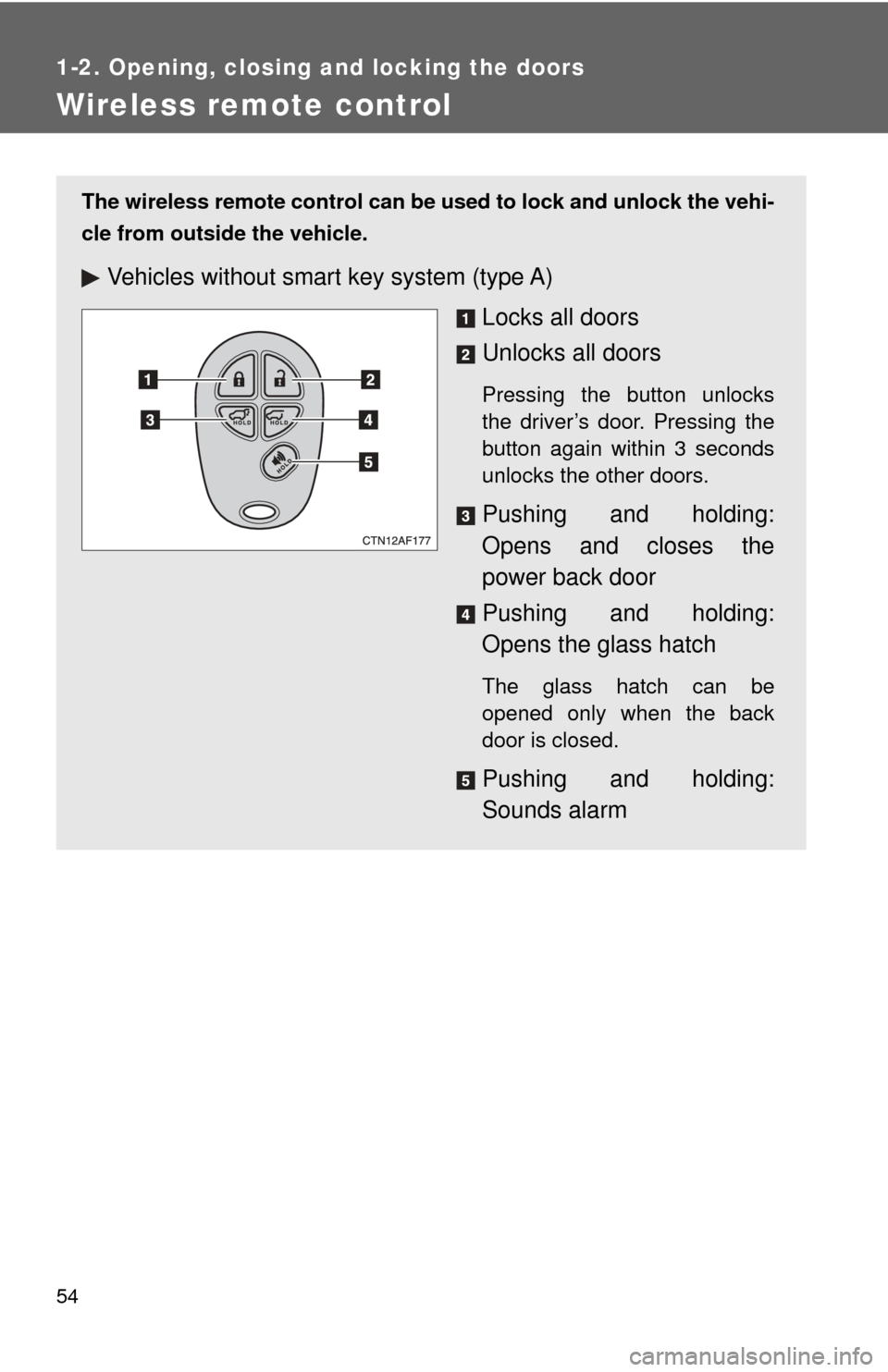 TOYOTA HIGHLANDER 2009 XU40 / 2.G Workshop Manual 54
1-2. Opening, closing and locking the doors
Wireless remote control
The wireless remote control can be used to lock and unlock the vehi-
cle from outside the vehicle.
Vehicles without smar t key sy TOYOTA HIGHLANDER 2009 XU40 / 2.G Workshop Manual 54
1-2. Opening, closing and locking the doors
Wireless remote control
The wireless remote control can be used to lock and unlock the vehi-
cle from outside the vehicle.
Vehicles without smar t key sy