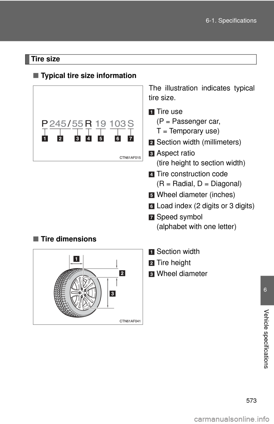TOYOTA HIGHLANDER 2009 XU40 / 2.G Owners Manual 573
6-1. Specifications
6
Vehicle specifications
Tire size
■ Typical tire size information
The illustration indicates typical
tire size.
Tire use
(P = Passenger car,
T = Temporary use)
Section widt TOYOTA HIGHLANDER 2009 XU40 / 2.G Owners Manual 573
6-1. Specifications
6
Vehicle specifications
Tire size
■ Typical tire size information
The illustration indicates typical
tire size.
Tire use
(P = Passenger car,
T = Temporary use)
Section widt