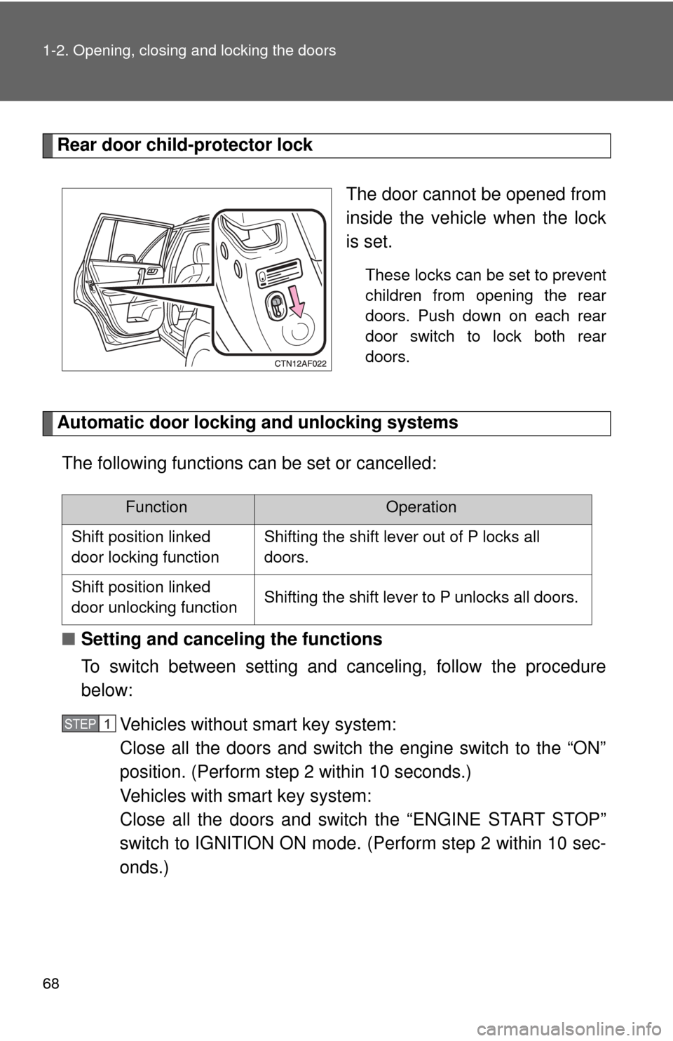 TOYOTA HIGHLANDER 2009 XU40 / 2.G Owners Manual 68 1-2. Opening, closing and locking the doors
Rear door child-protector lockThe door cannot be opened from
inside the vehicle when the lock
is set. 
These locks can be set to prevent
children from op