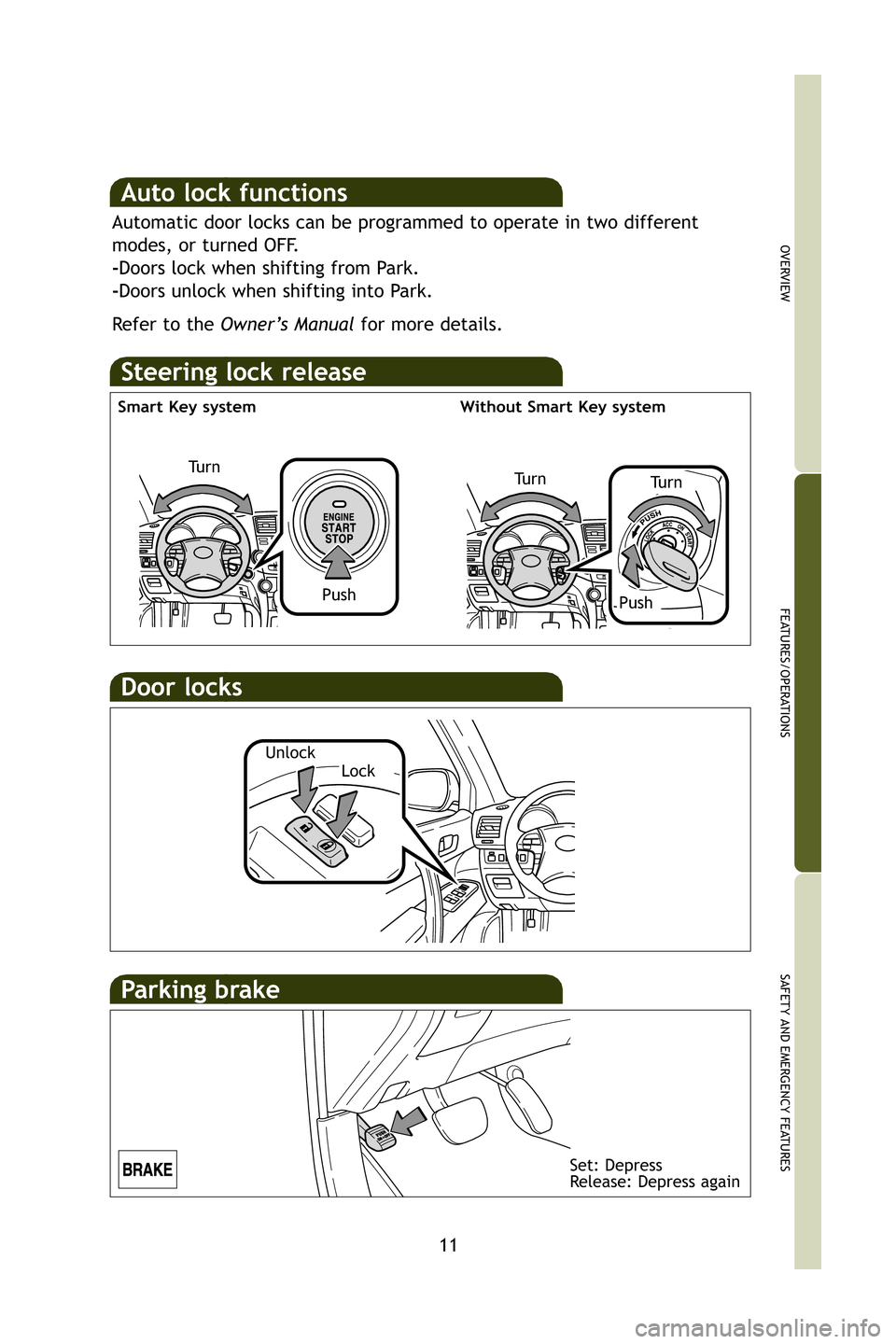 TOYOTA HIGHLANDER 2009 XU40 / 2.G Quick Reference Guide 11
OVERVIEW
FEATURES/OPERATIONS
SAFETY AND EMERGENCY FEATURES
Steering lock release
Tu r n
Tu r n
Door locks
LockUnlock
Smart Key system
Without Smart Key system
PushPush
Tu r n
Auto lock functions
Au