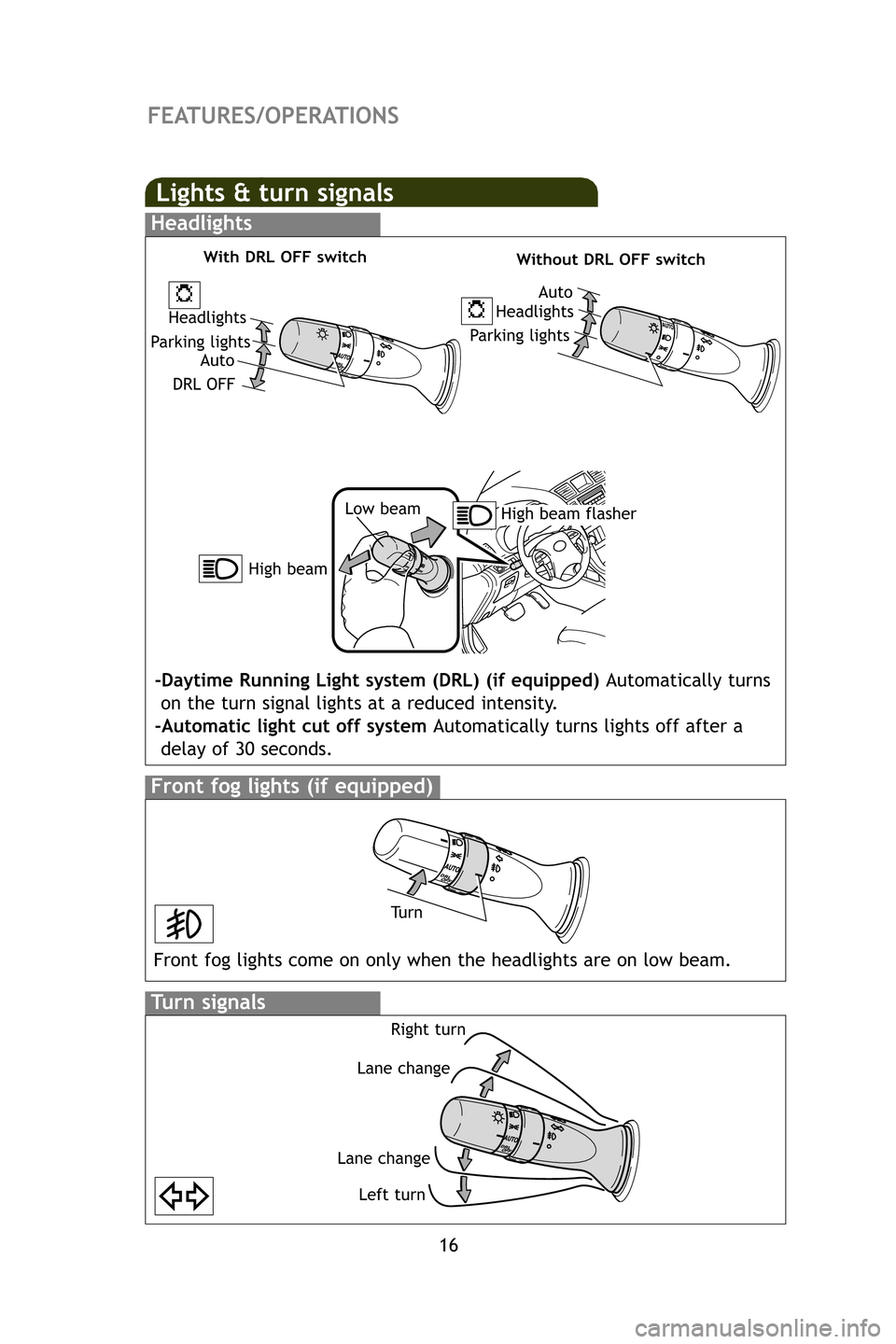 TOYOTA HIGHLANDER 2009 XU40 / 2.G Quick Reference Guide 16
Lights & turn signals
Turn signals
Headlights
High beam flasher
Low beam
Front fog lights (if equipped)
Headlights
-Daytime Running Light system (DRL) (if equipped) 
Automatically turns
on the turn