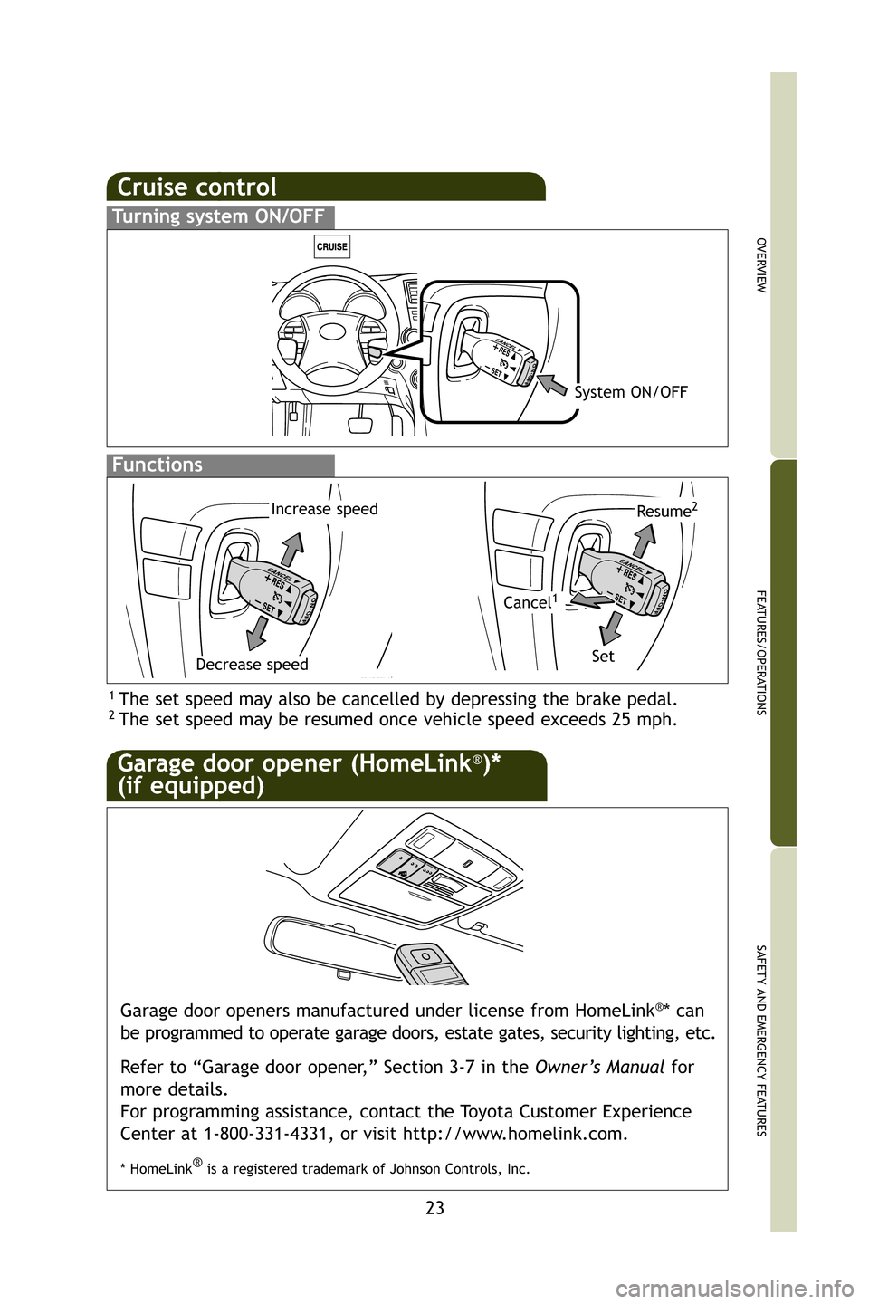 TOYOTA HIGHLANDER 2009 XU40 / 2.G Quick Reference Guide 23
OVERVIEW
FEATURES/OPERATIONS
SAFETY AND EMERGENCY FEATURES
Garage door opener (HomeLink®)*
(if equipped)
Garage door openers manufactured under license from HomeLink®* can
be programmed to operat TOYOTA HIGHLANDER 2009 XU40 / 2.G Quick Reference Guide 23
OVERVIEW
FEATURES/OPERATIONS
SAFETY AND EMERGENCY FEATURES
Garage door opener (HomeLink®)*
(if equipped)
Garage door openers manufactured under license from HomeLink®* can
be programmed to operat