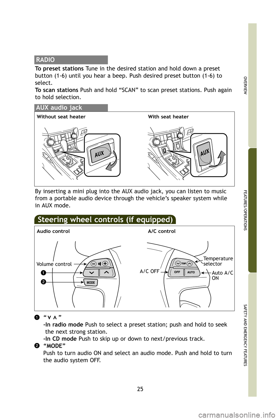 TOYOTA HIGHLANDER 2009 XU40 / 2.G Quick Reference Guide 25
OVERVIEW
FEATURES/OPERATIONS
SAFETY AND EMERGENCY FEATURES
RADIO
To preset stations Tune in the desired station and hold down a preset
button (1-6) until you hear a beep. Push desired preset button TOYOTA HIGHLANDER 2009 XU40 / 2.G Quick Reference Guide 25
OVERVIEW
FEATURES/OPERATIONS
SAFETY AND EMERGENCY FEATURES
RADIO
To preset stations Tune in the desired station and hold down a preset
button (1-6) until you hear a beep. Push desired preset button
