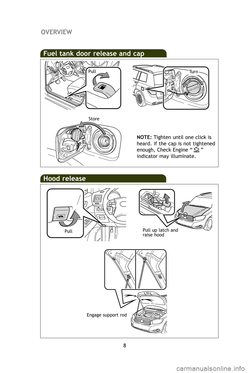 TOYOTA HIGHLANDER 2009 XU40 / 2.G Quick Reference Guide 8
Hood release
Pull up latch and
raise hoodPull
Fuel tank door release and cap
NOTE:Tighten until one click is
heard. If the cap is not tightened
enough, Check Engine “ ”
indicator may illuminate.